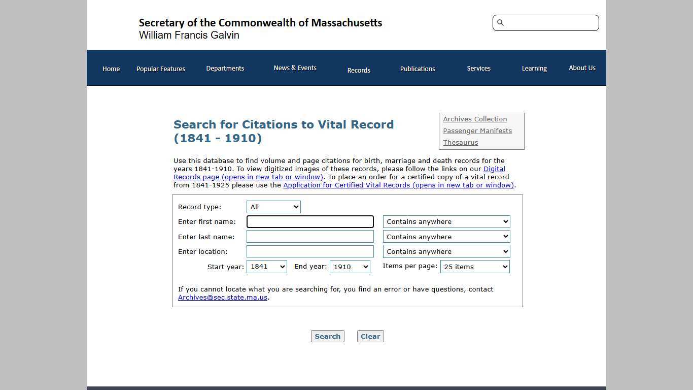 Archives: Vital Records Search