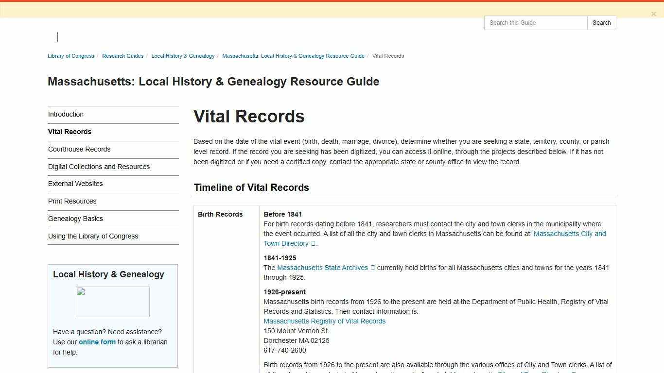 Vital Records - Massachusetts: Local History & Genealogy Resource Guide - Research Guides at Library of Congress