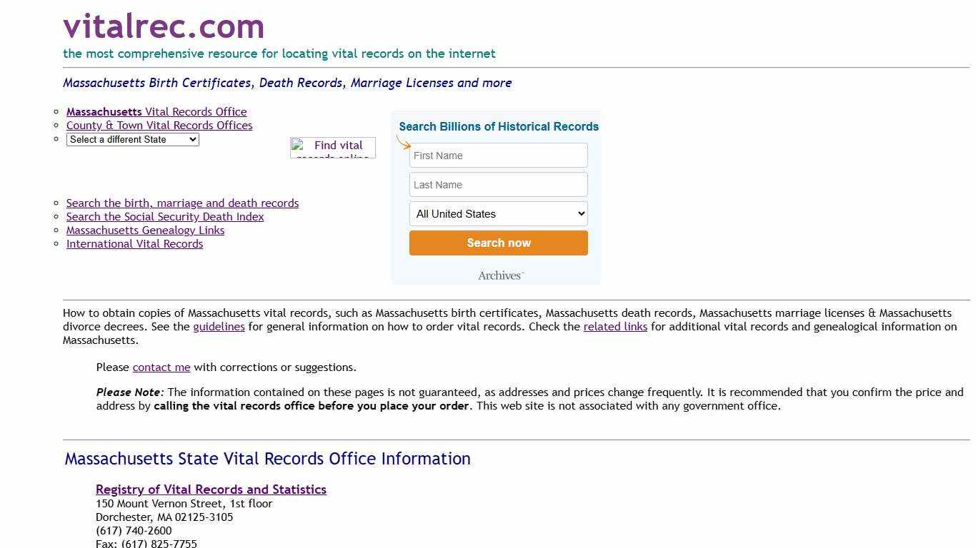 Massachusetts Birth Certificate, Death Record, Marriage license and other vital records