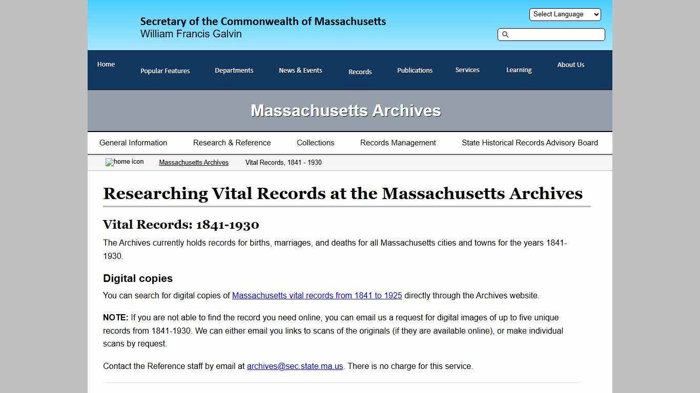 Vital Records, 1841 - 1930