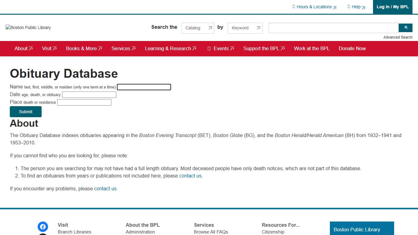 Obituary Database | Boston Public Library